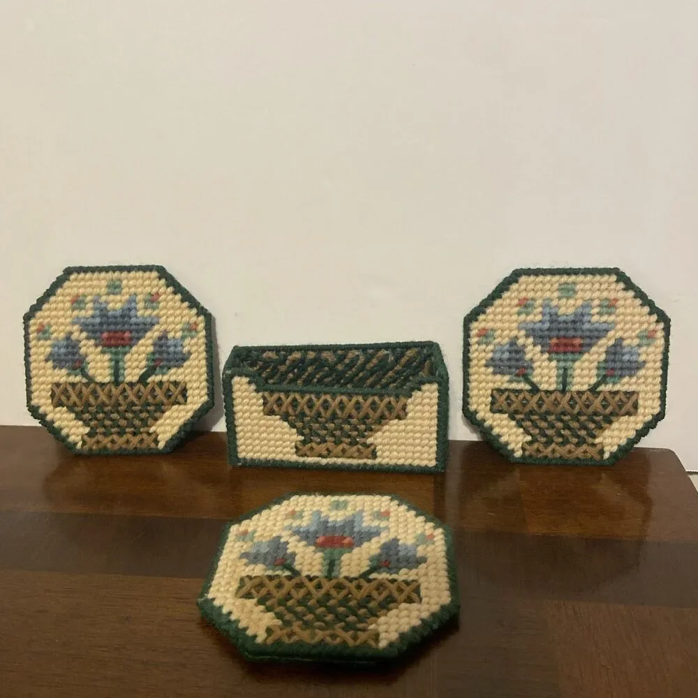 Vintage Floral Bouquet Crochet Coaster Set Of 3 With Coaster Holder Flowers